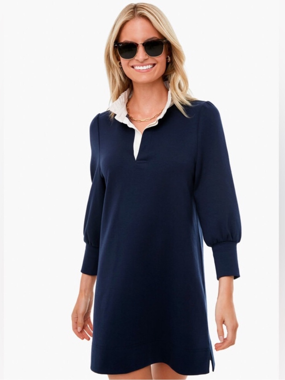 Tuckernuck/Pomander Place Navy Dress with Cream Ruffle Collar, Size Medium, EUC